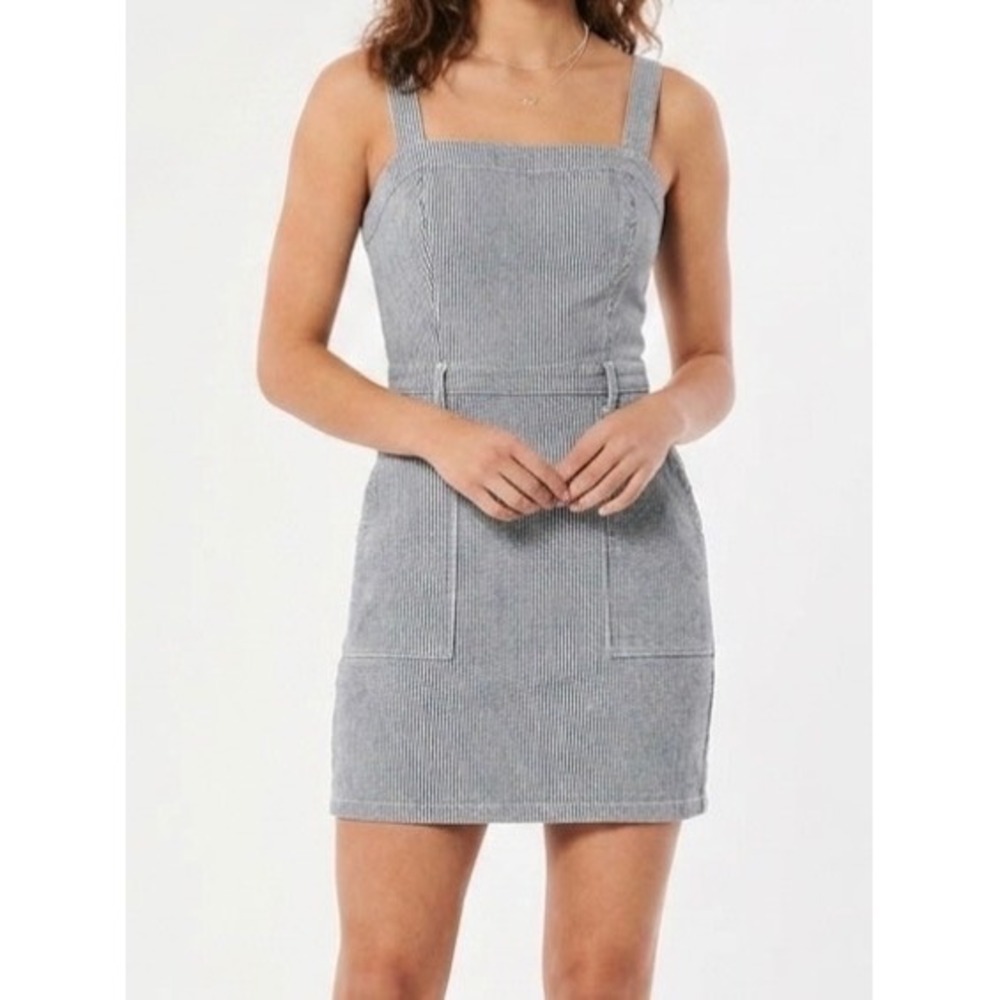 Hollister Gray White Striped Mini Dress Sleeveless Pockets Medium